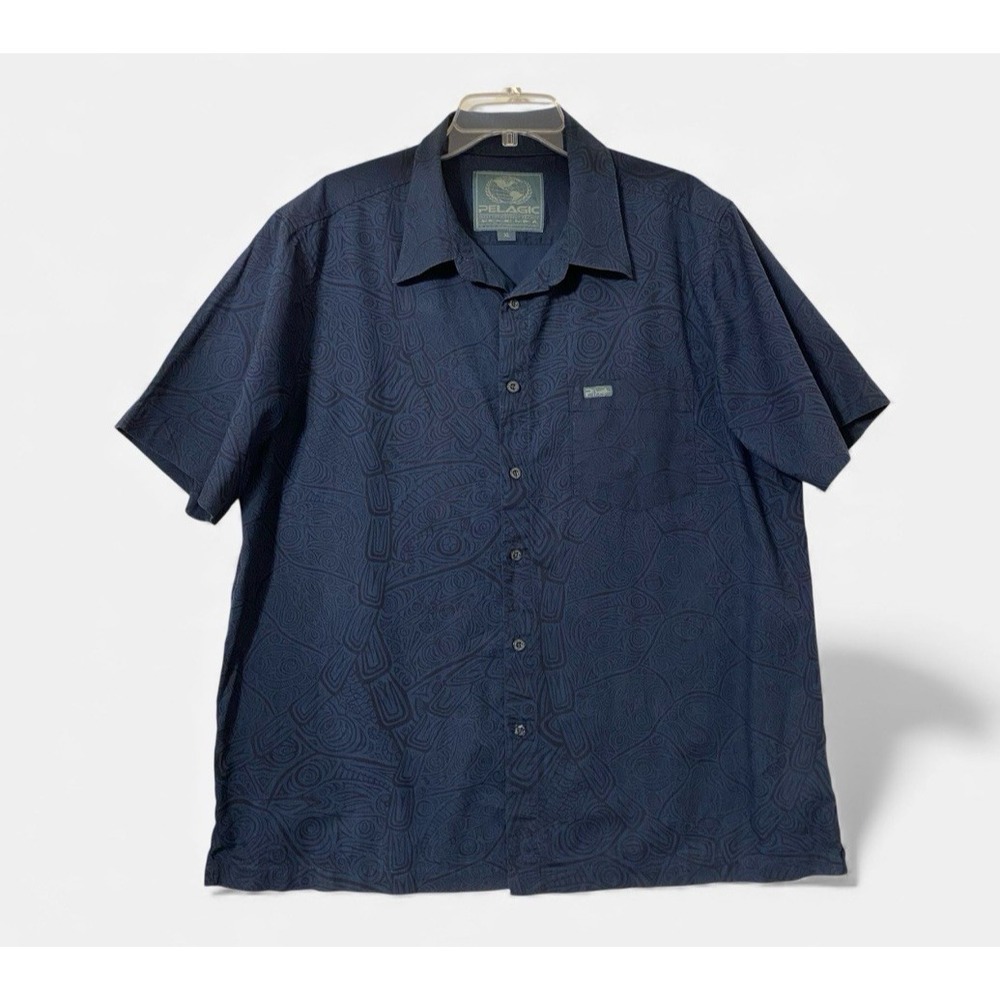 Pelagic Men's Shirt XL Navy Abstract Print Short Sleeve Outdoor Fishing Surf